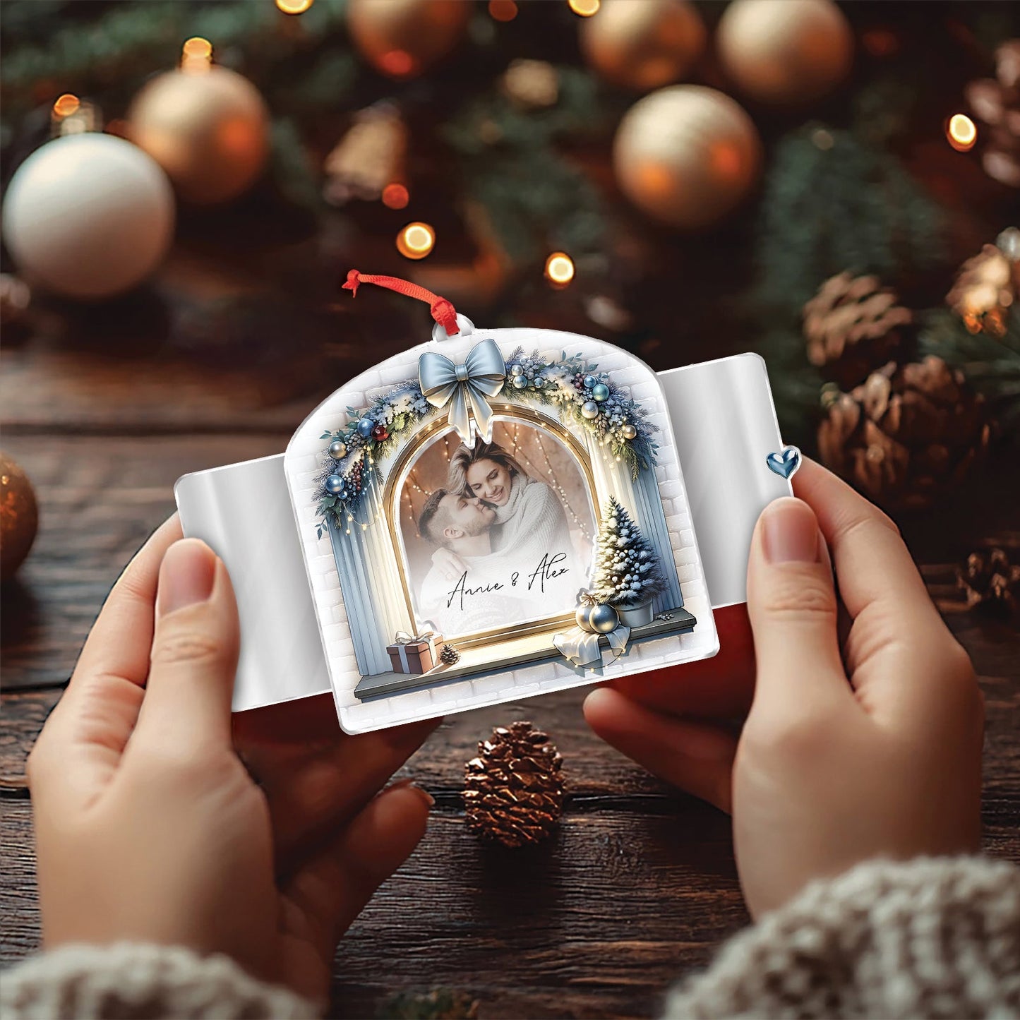 Personalized first Christmas ornament for couples featuring a custom photo and names with festive decorations