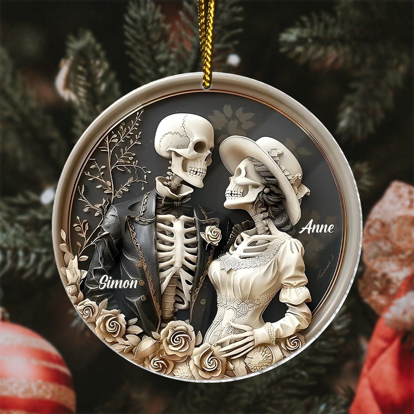 Personalized halloween couple ornament featuring skeleton bride and groom named Simon and Anne