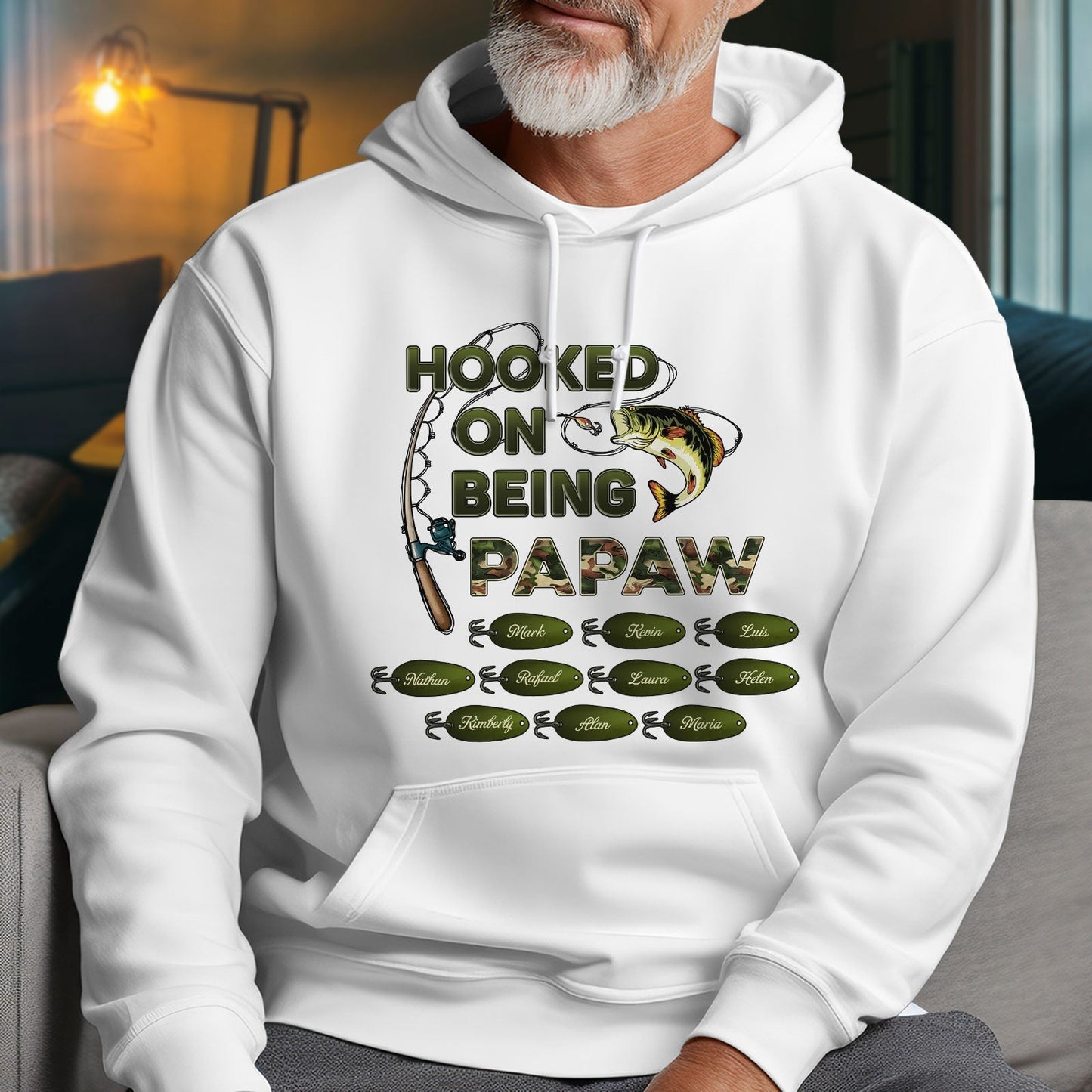 White hoodie with hooked on being grandpa shirt design featuring fishing rod and fish graphic