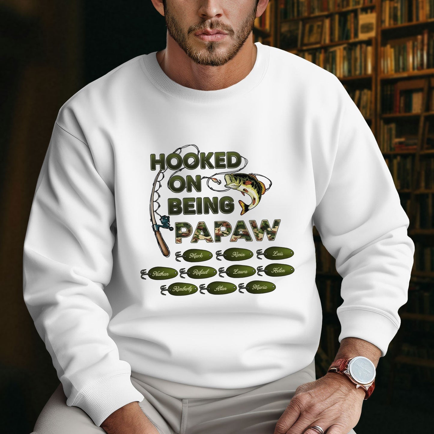 White hooked on being grandpa shirt with fishing design worn by man indoors