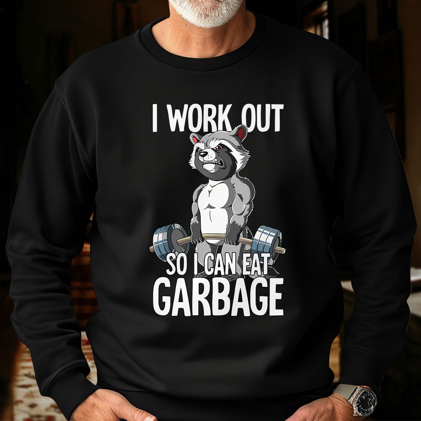365Gifty humorous workout apparel black sweatshirt with muscular raccoon and funny gym quote