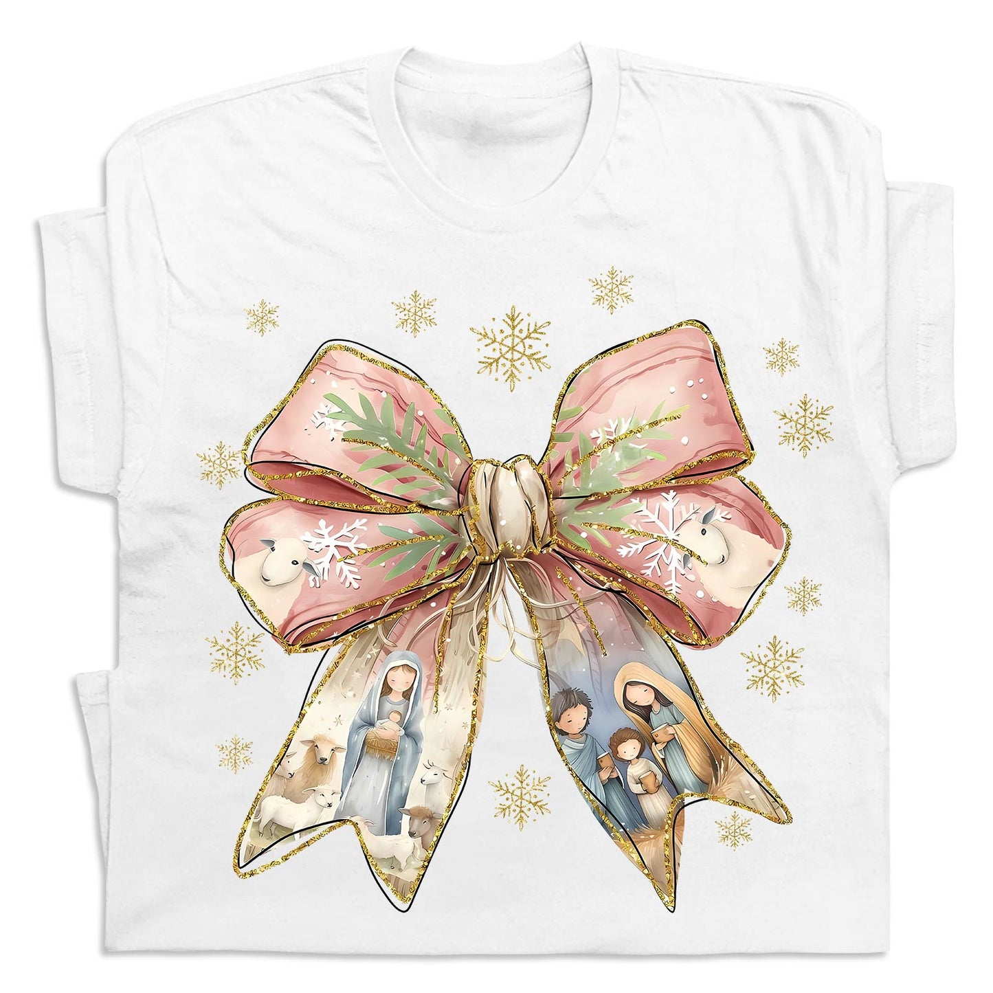 White shirt featuring a large pink and gold bow with nativity scene and snowflakes Jesus Christmas bow shirt