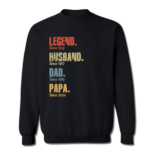 Black sweatshirt with legend dad papa shirt for men text in colorful vintage font