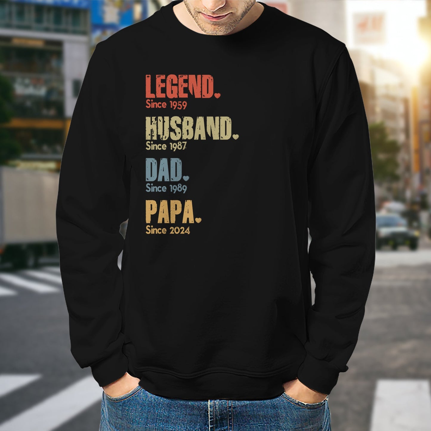 Black sweatshirt with legend dad papa shirt for men text in colorful vintage style for 365Gifty