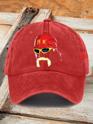 Red Legends Cap by 365Gifty featuring a graphic face with yellow sunglasses and a red bandana