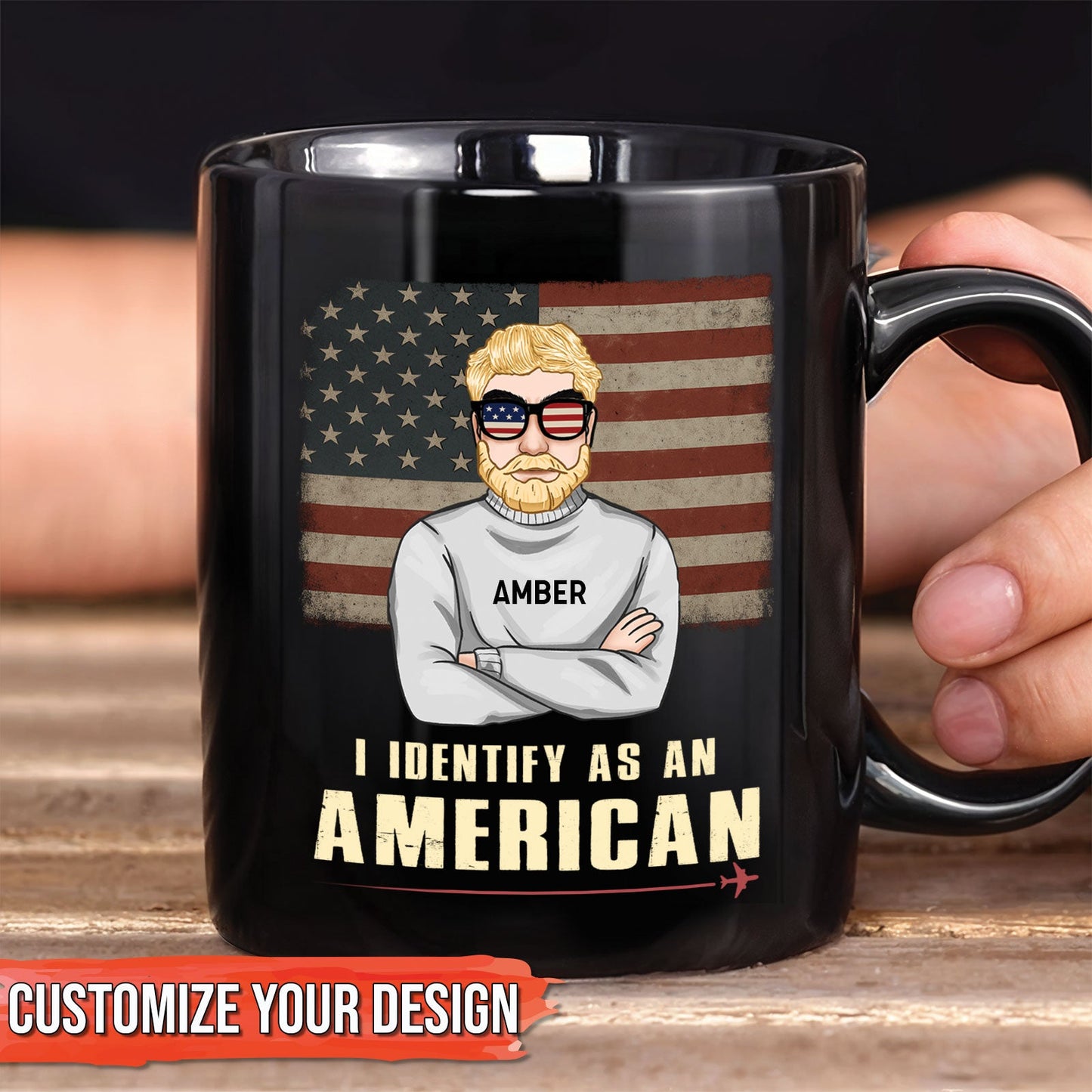 365Gifty custom I identify as an American mug black ceramic with blonde man wearing US flag sunglasses and vintage flag background