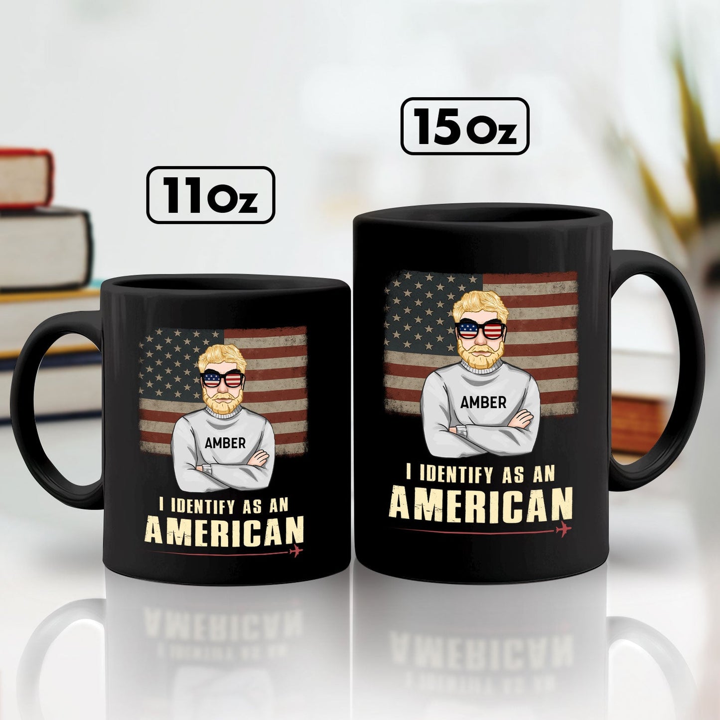 365Gifty black 11oz and 15oz custom I identify as an American mug with flag and cartoon man