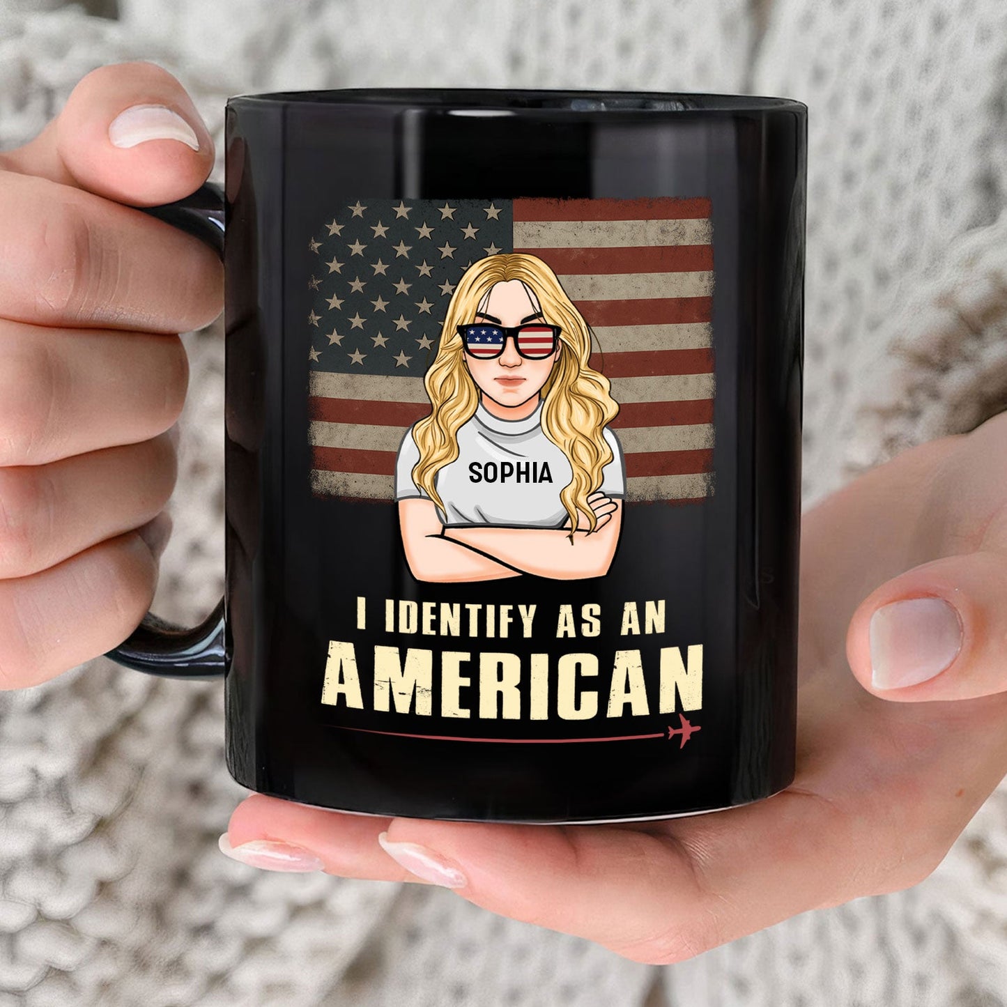 365Gifty black ceramic mug with blonde avatar American flag background SOPHIA name printed custom I identify as an American mug