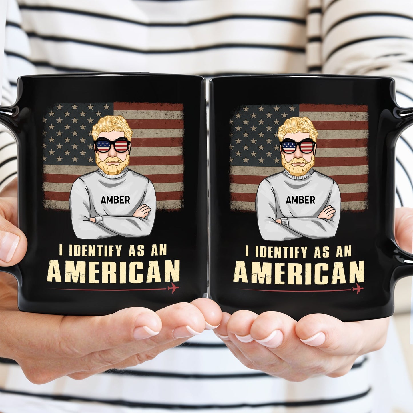 365Gifty custom I identify as an American mug black ceramic set showing bearded man with USA flag sunglasses