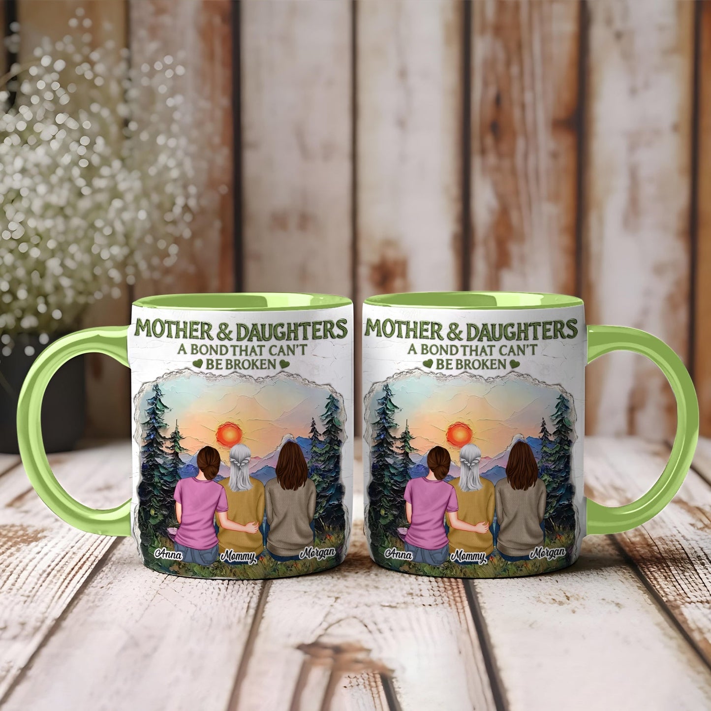 365Gifty green handled matching mugs showing mother and daughters at sunset with forest unique gifts for moms from daughters