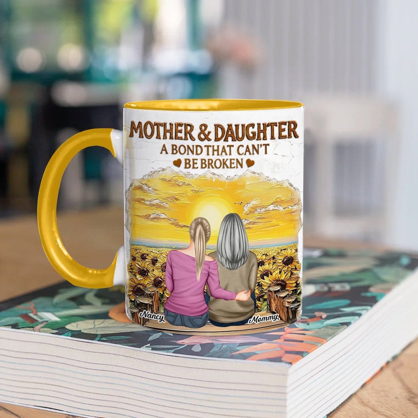365Gifty ceramic mug with Mother and Daughter sunset sunflower scene yellow handle and rim unique gifts for moms from daughters