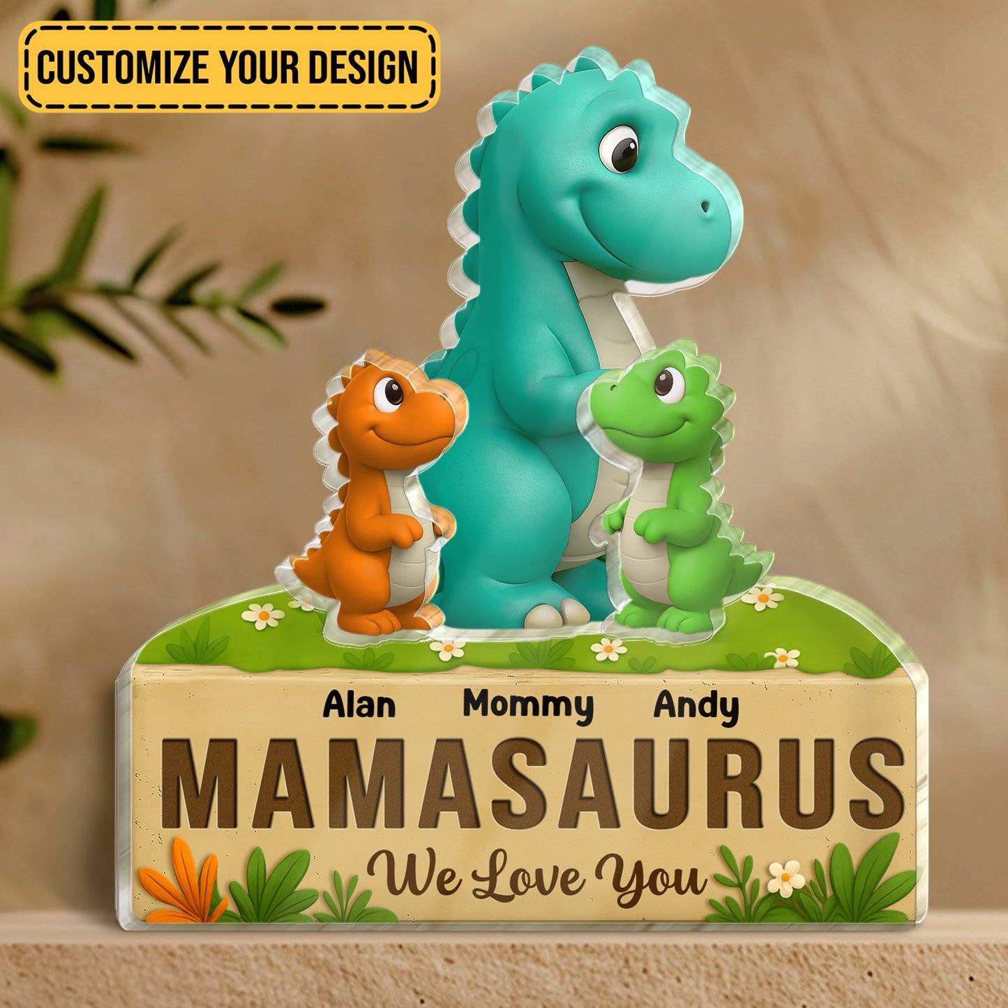 Customizable acrylic puzzle gift for mom and kids featuring a green dinosaur with two colorful baby dinosaurs on a decorative base