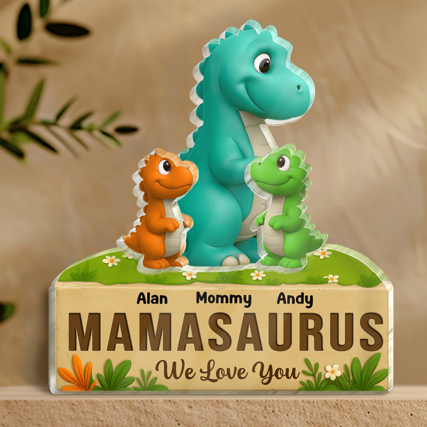 365Gifty Acrylic Puzzle Gift for Mom and Kids with colorful dinosaur family and personalized names