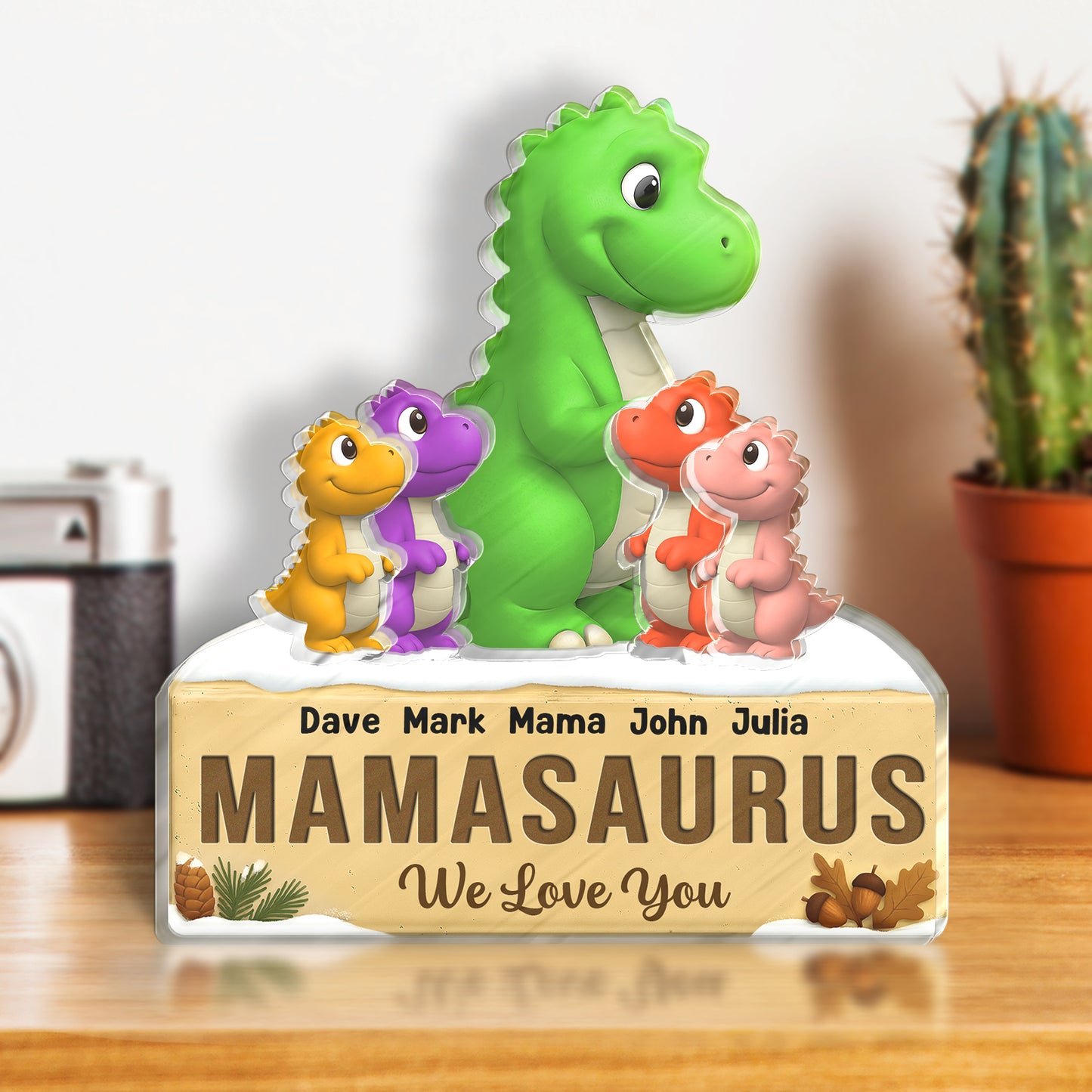 365Gifty acrylic puzzle gift for mom and kids featuring colorful dinosaur family with personalized names
