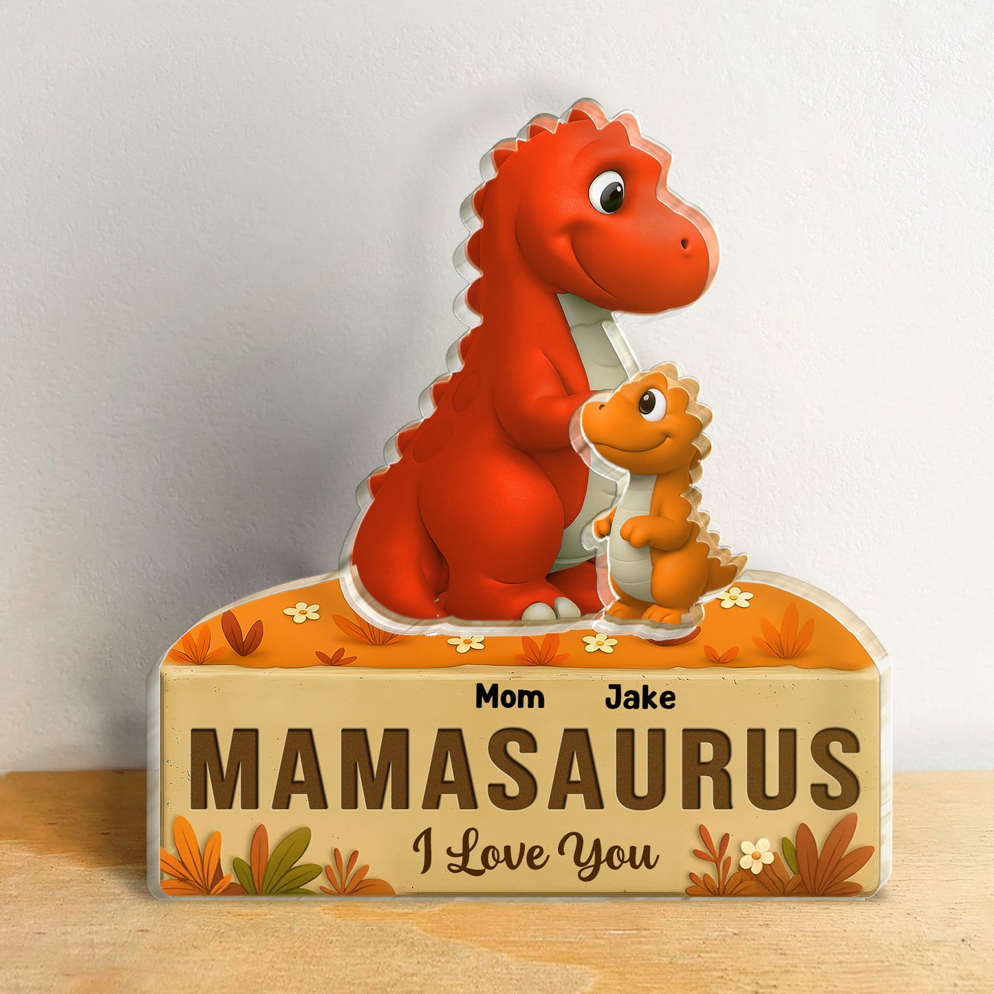 365Gifty Acrylic Puzzle Gift for Mom and Kids featuring a red dinosaur mom and baby with MAMASAURUS I Love You design