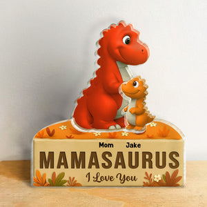 365Gifty Acrylic Puzzle Gift for Mom and Kids featuring a red dinosaur mom and baby with MAMASAURUS I Love You design