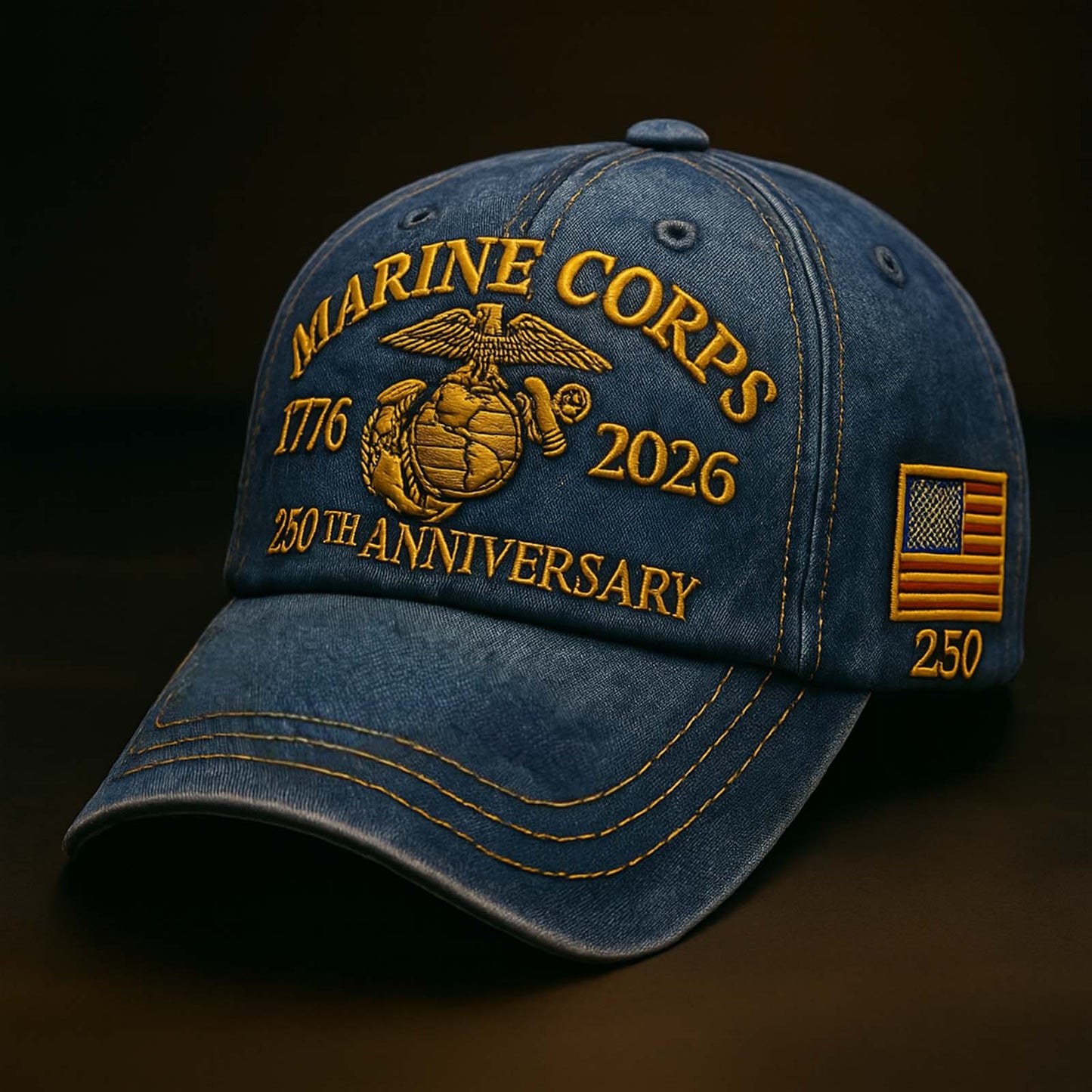 Blue Marine Corps 250th anniversary hat with gold embroidery and American flag patch
