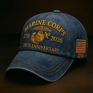 Blue Marine Corps 250th anniversary hat with gold embroidery and American flag patch