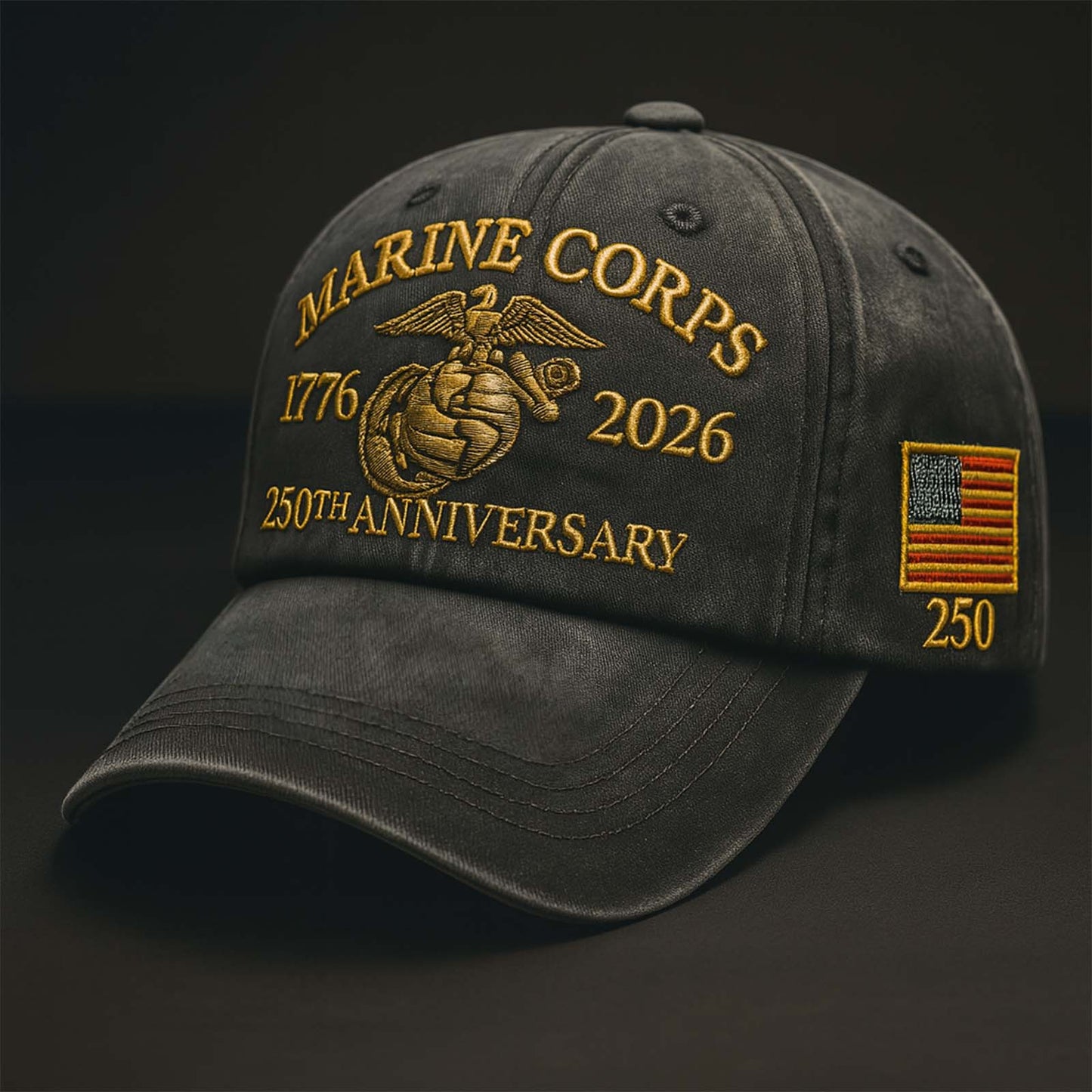 365Gifty Marine Corps 250th anniversary hat in black with gold embroidery and American flag patch
