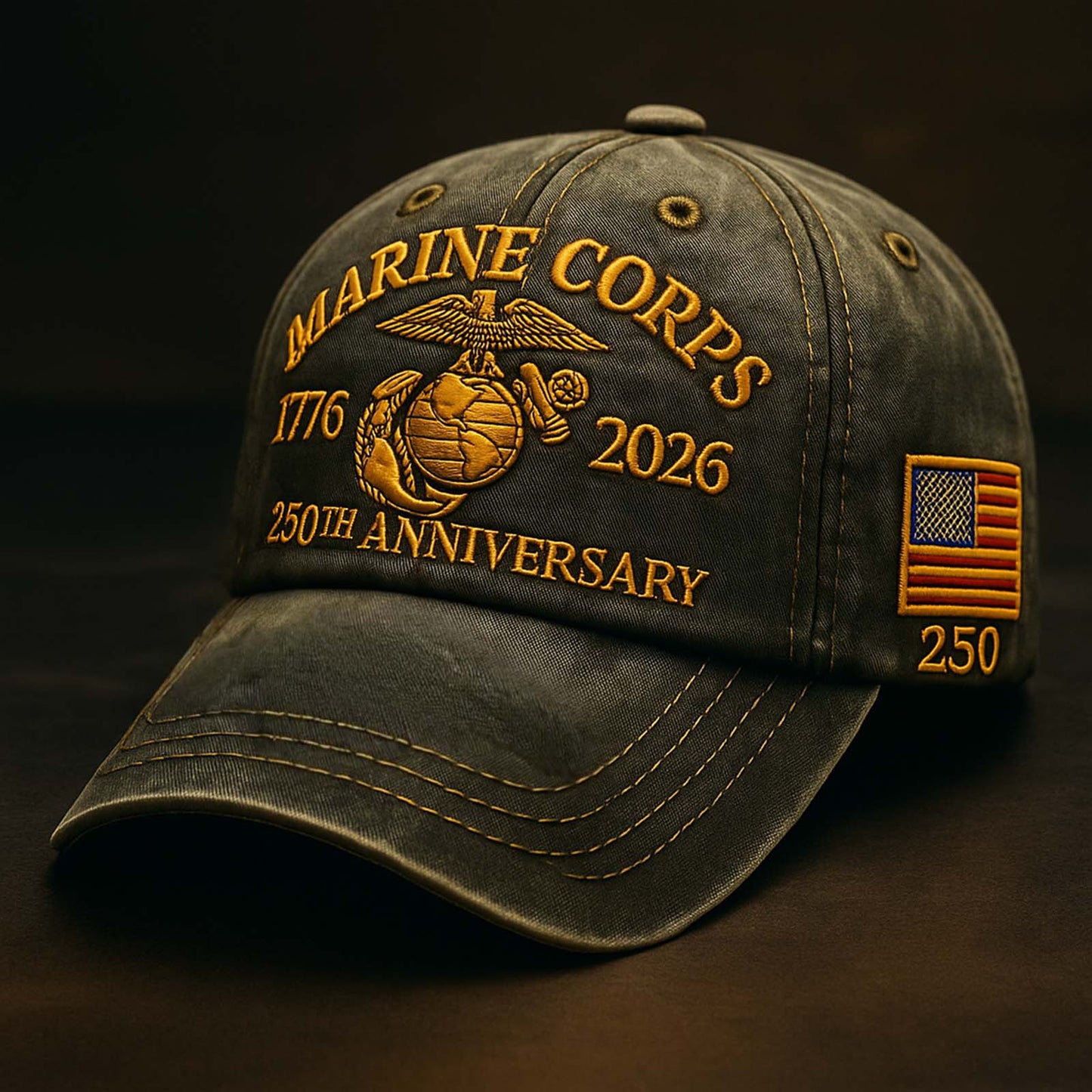 Marine Corps 250th anniversary hat in black with gold embroidery and American flag patch