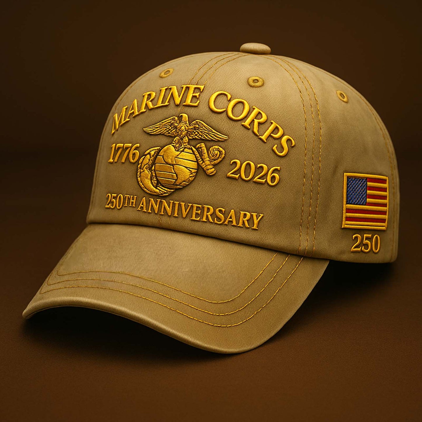 365Gifty Marine Corps 250th anniversary hat in tan with gold embroidery and American flag patch