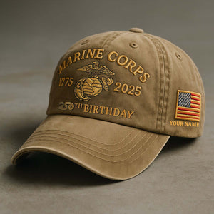 365Gifty Marine Corps 250th birthday cap in tan with embroidered emblem and American flag patch