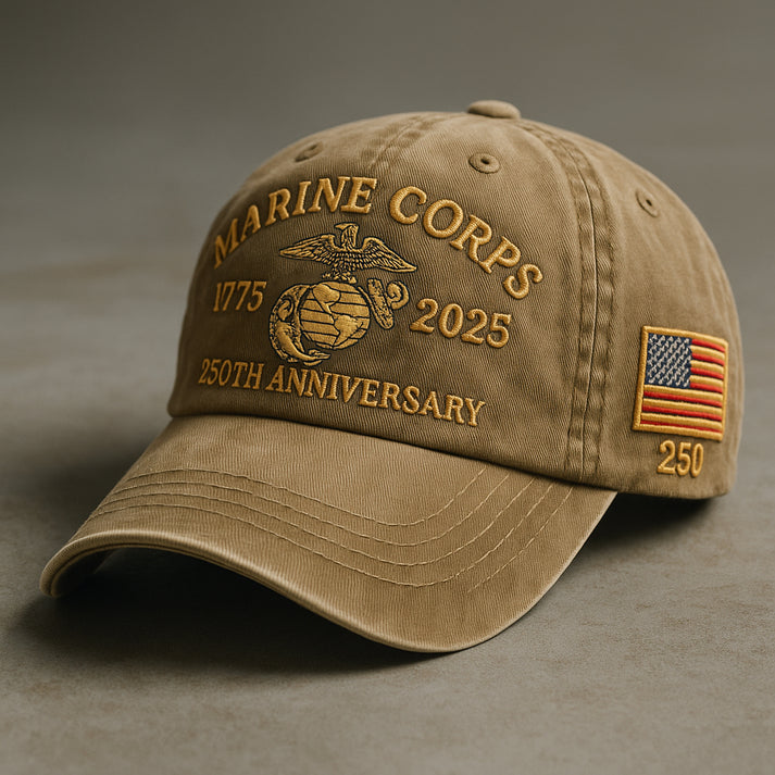 365Gifty Marine Corps anniversary gift set with tan cap embroidered with Marine Corps emblem and American flag