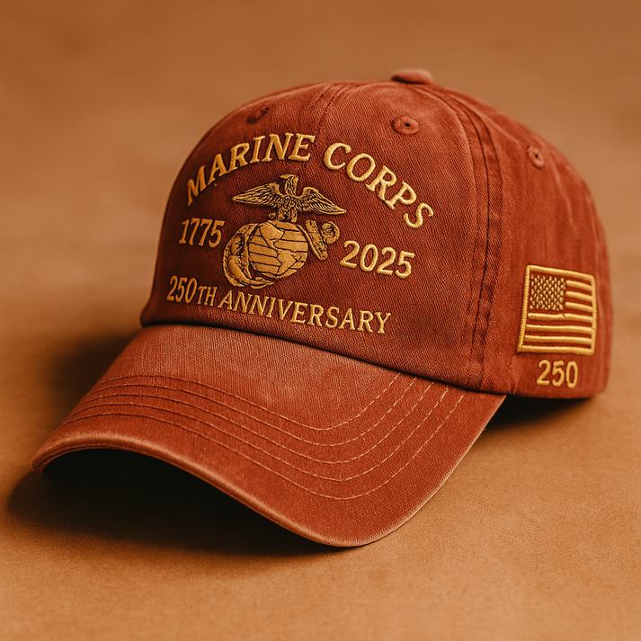 Marine Corps anniversary gift set brown cap embroidered with 250th anniversary emblem and American flag
