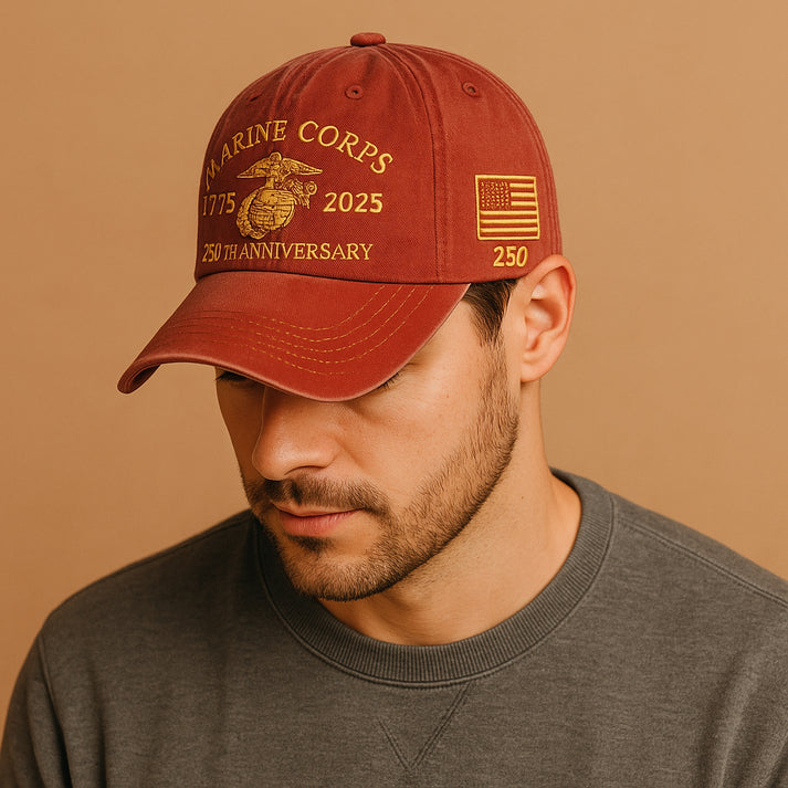 Marine Corps anniversary gift set brown cap with 250th anniversary embroidery and American flag patch