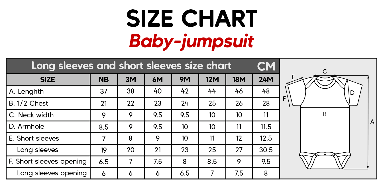 Size chart for baby-jumpsuit by 365Gifty showing measurements in centimeters for matching legend legacy shirts