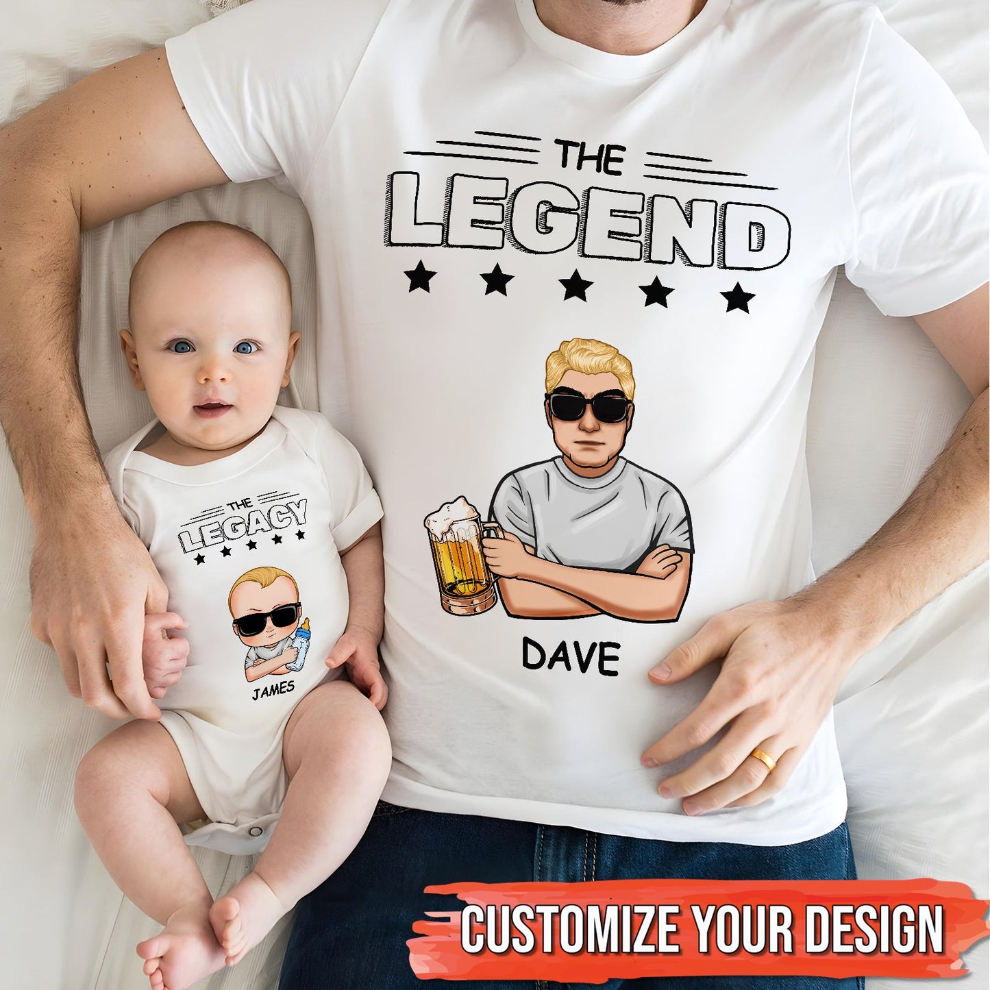 Matching legend legacy shirts for father and baby with customizable cartoon design and names