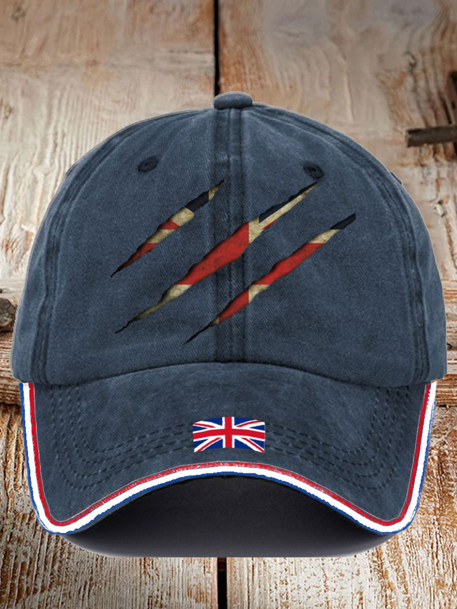 Men's England t-shirt with cap combo featuring a navy blue cap with UK flag and claw mark design