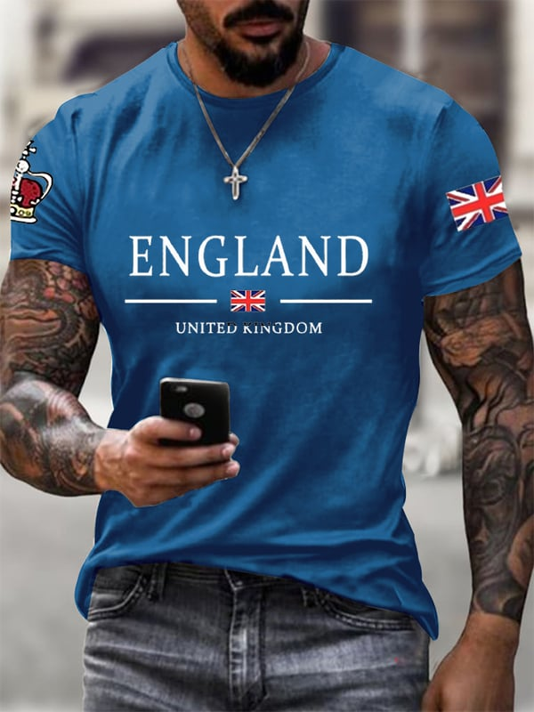 Men wearing blue men's England t-shirt with cap combo featuring England and UK flags