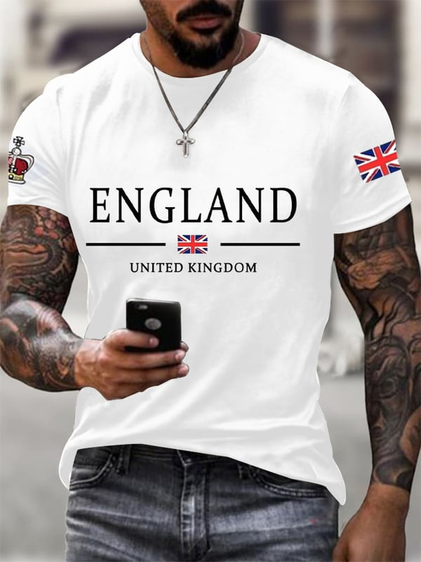 Men wearing men's England t-shirt with cap combo in white featuring England and United Kingdom flags