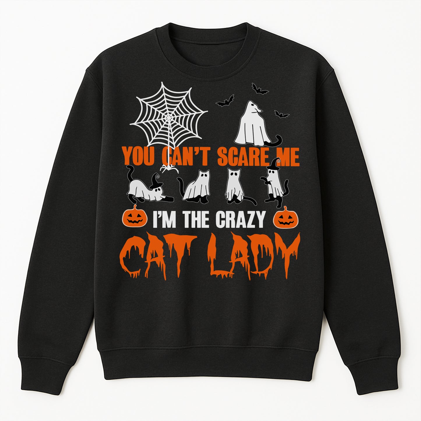 Black Halloween sweatshirt with ghost cats spider web orange You Cant Scare Me Im The Crazy Cat Lady unique gifts for cat moms