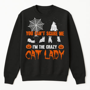 Black Halloween sweatshirt with ghost cats spider web orange You Cant Scare Me Im The Crazy Cat Lady unique gifts for cat moms