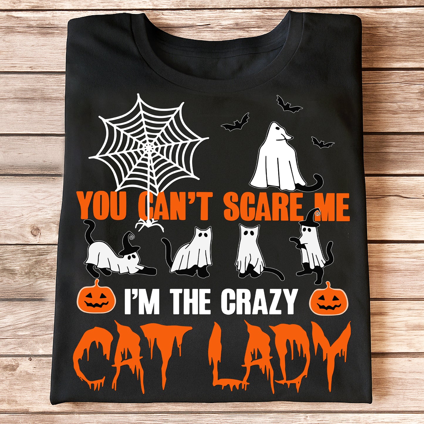 Black Halloween cat lady T shirt with ghost cats spiderweb pumpkins and bold text ideal unique gifts for cat moms