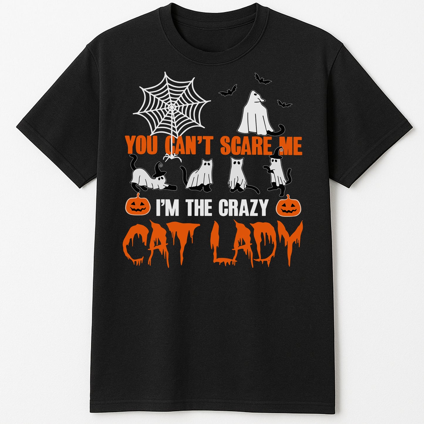 365Gifty black Halloween cat lady T shirt with ghost cats spiderweb pumpkins and text ideal unique gifts for cat moms
