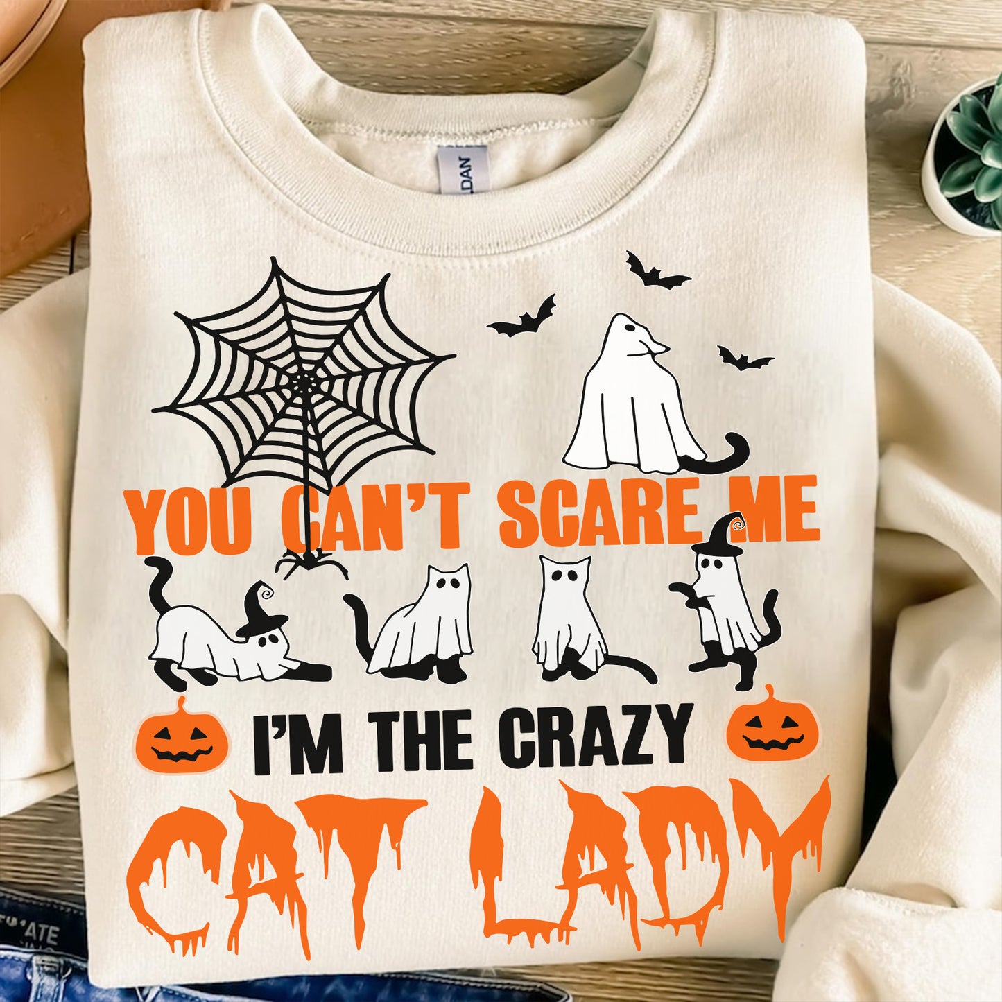 Cream Halloween sweatshirt with ghost cats spiderweb bats pumpkins You cant scare me Im crazy cat lady unique gifts for cat moms