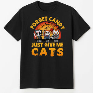 Black t shirt with three horror cats in costume and text Just Give Me Cats custom Halloween shirt for cat lovers