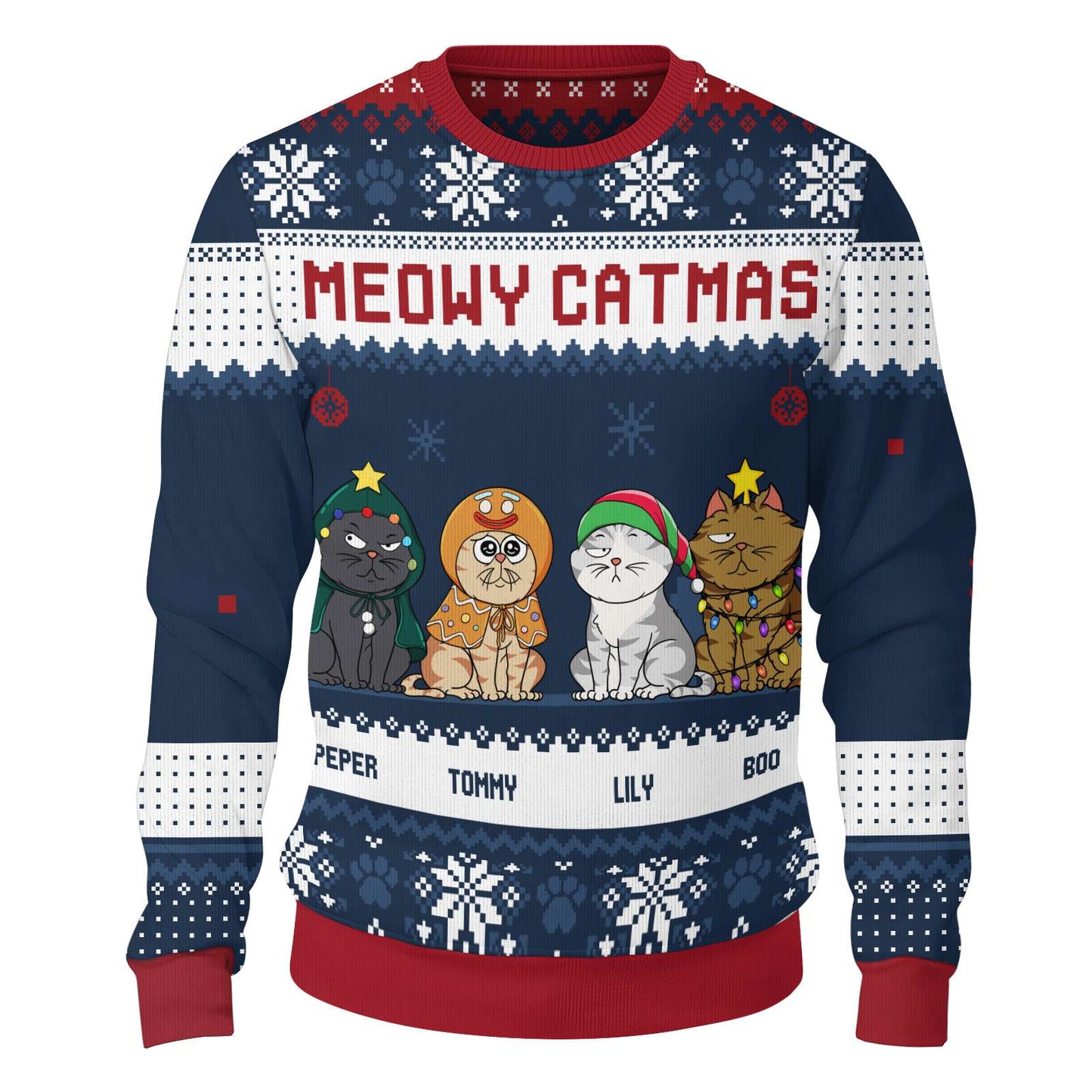 365Gifty meowy catmas holiday sweatshirt with festive cats wearing Christmas hats and lights