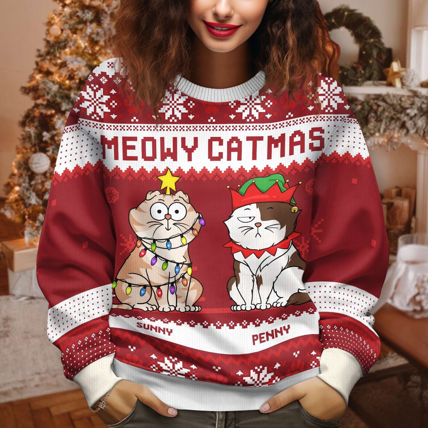Red meowy catmas holiday sweatshirt with festive cats and Christmas lights design by 365Gifty