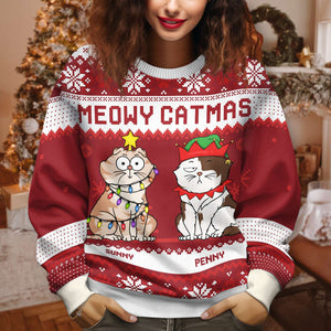 Red meowy catmas holiday sweatshirt with festive cats and Christmas lights design by 365Gifty