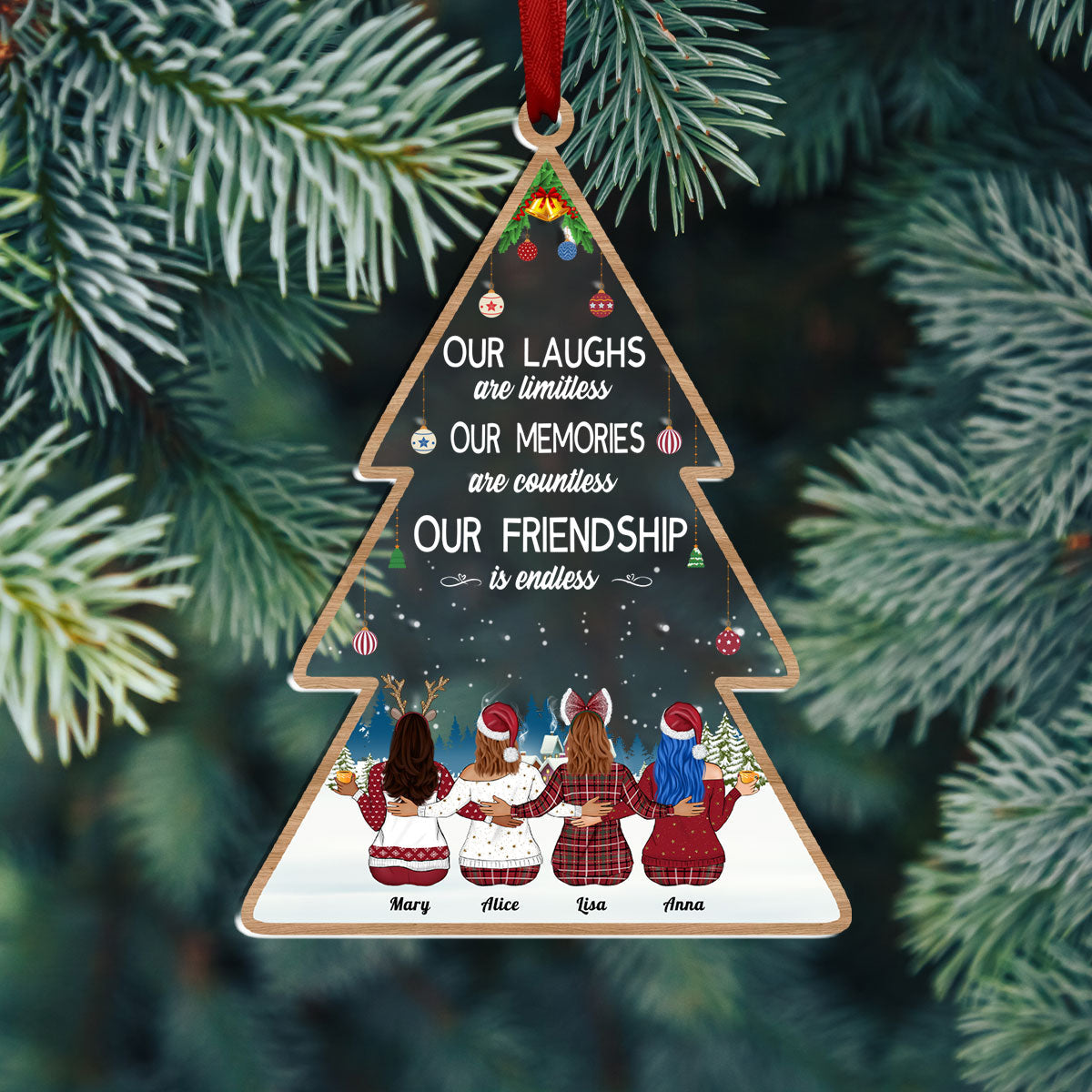 Personalized best friends ornament shaped like a Christmas tree with four friends and friendship quote