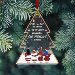 Personalized best friends ornament shaped like a Christmas tree with four friends and friendship quote