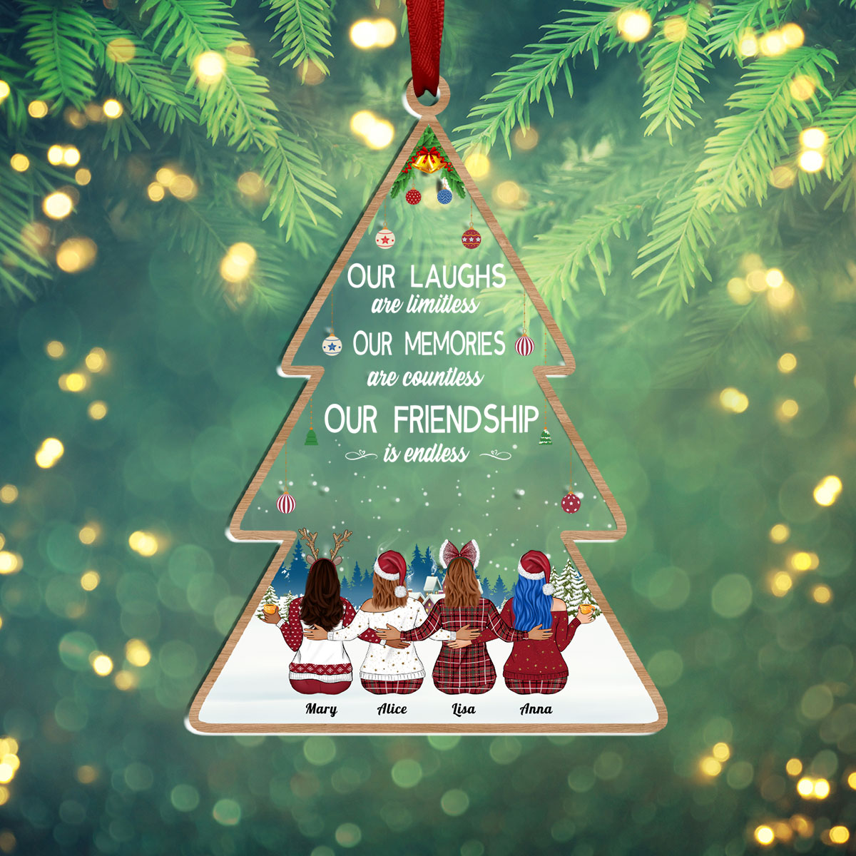 365Gifty personalized best friends ornament shaped like Christmas tree with four friends and friendship quote