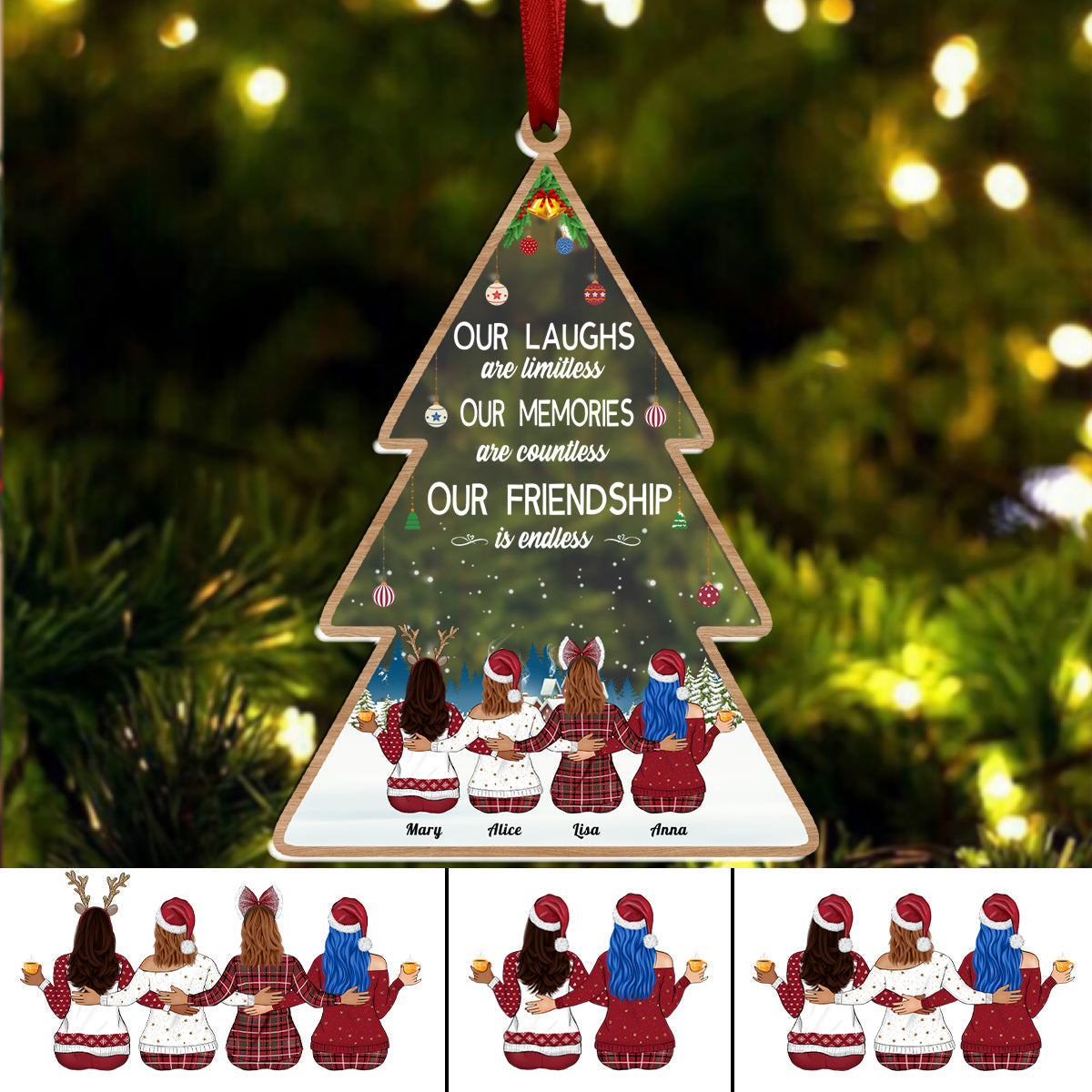 Personalized best friends ornament in tree shape with four women and friendship quote by 365Gifty