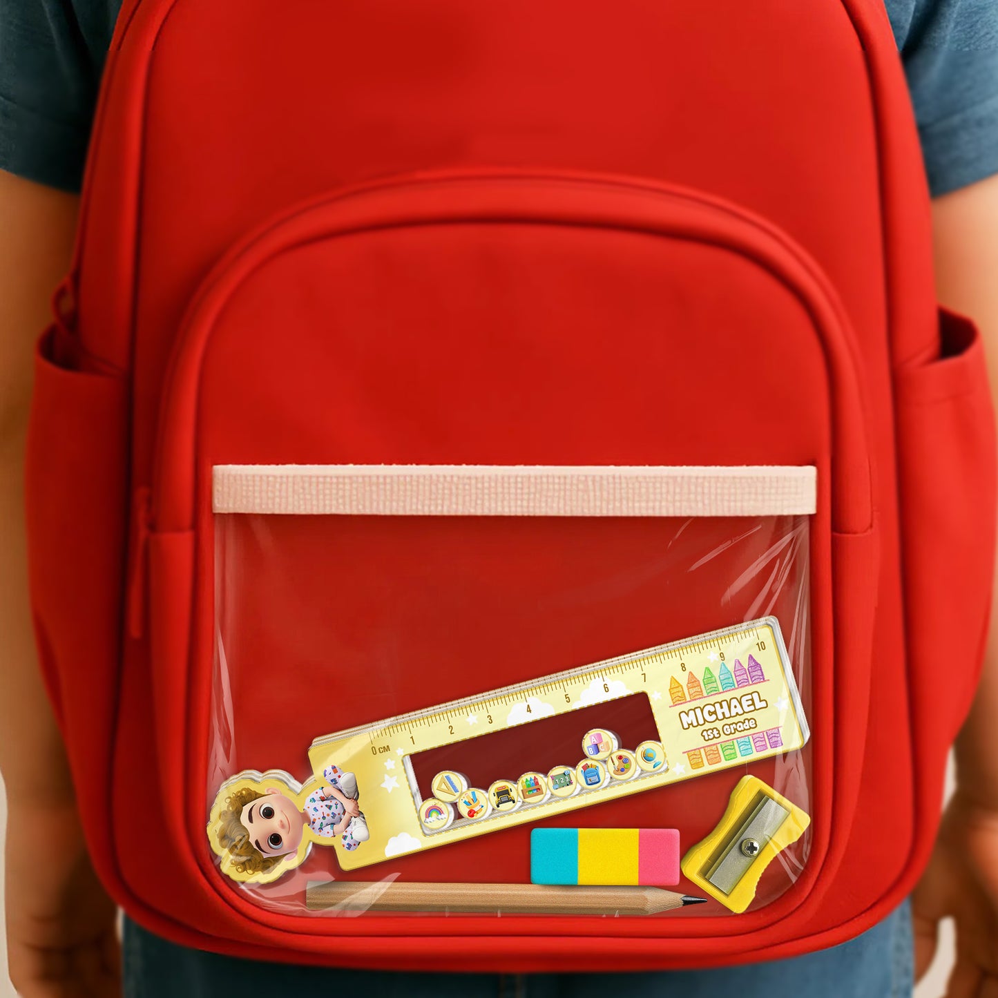 Shaking Ruler For Kids with colorful design and cartoon character inside clear backpack pocket