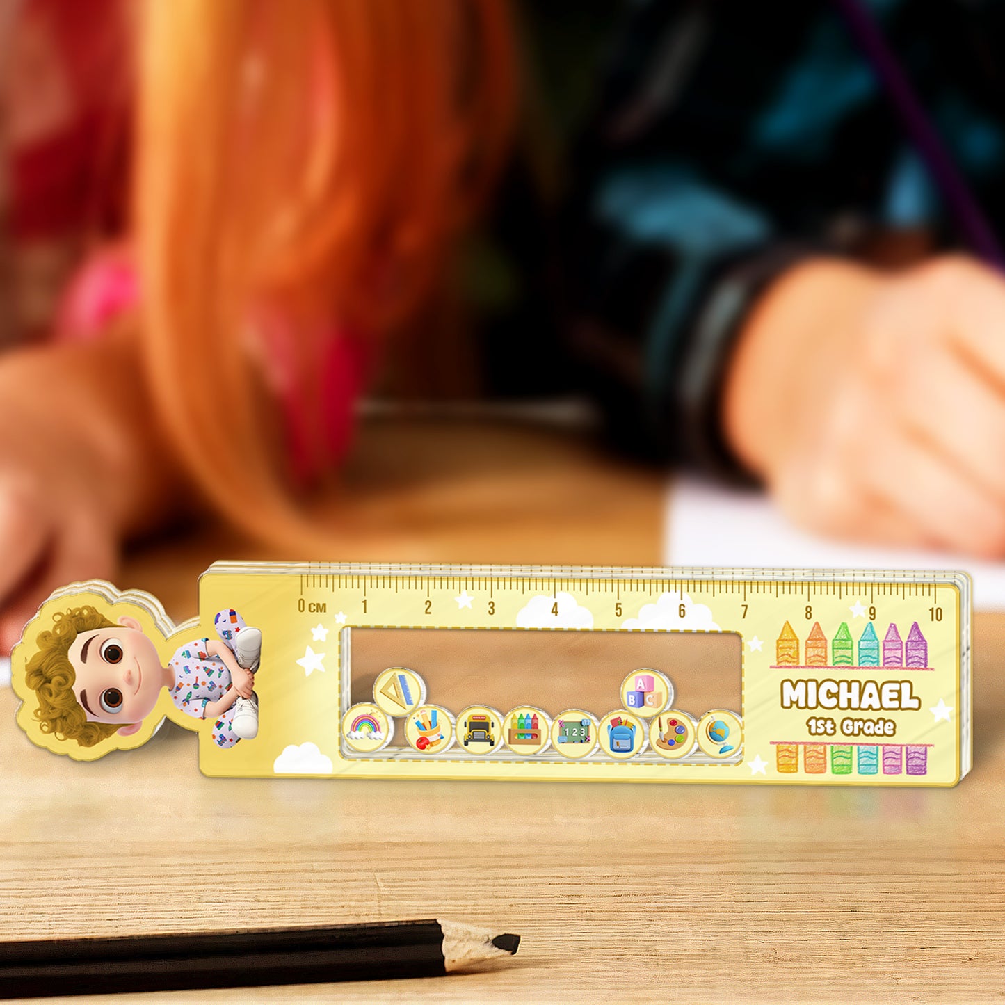 365Gifty Shaking Ruler For Kids with colorful beads and personalized name design on a wooden desk