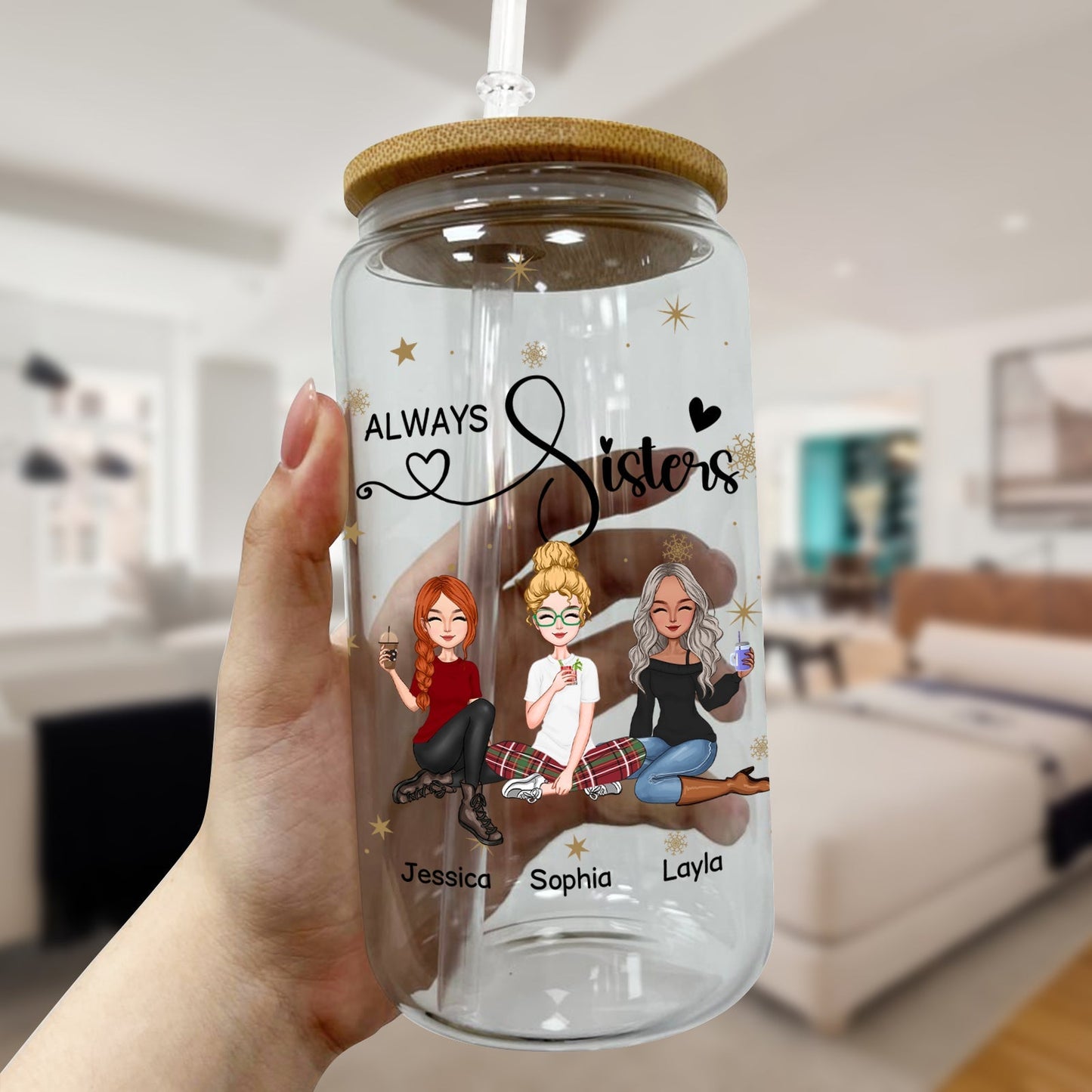 Besties - Always Sisters - Personalized Clear Glass Can